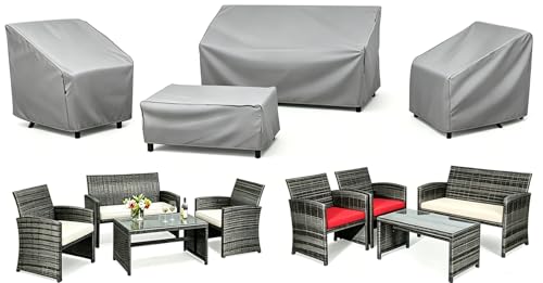 Image of STARTWO Patio Furniture Covers, 4 Piece Heavy Duty 600D Waterproof Outdoor Furniture Cover with Windproof Buckle Strap, for Lawn Rattan Wicker Couch Chair Set, Grey-Regular
