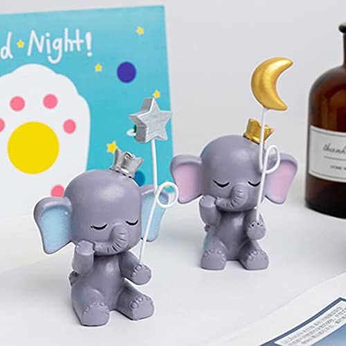 1 Pair Moon & Star Elephant With Balloons Cake Toppers, Elephant Doll Toy Figurines Statue Ornament Cake Decoration For Baby Shower Girls Boys Kids Birthday Cake Decoration #TOP5