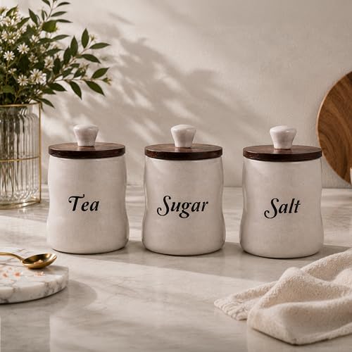Image of Ceramic Tea Sugar Salt Containers Set of 3 with Wooden Lids | Jar and Container for Kitchen Storage Set | Multi Utility Air Tight Kitchen Organizer Items (Hand-Painted, 330 ML)