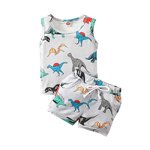 Conjunto de camisa e gravata para meninos com estampa de dinossauro sem mangas para meninos, Cinza,
