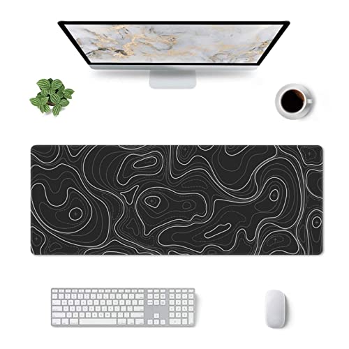 Topographic Contour Large Gaming Mouse Pad Extended Xl Long Mousepad Big Desk Pad With Stitched Edges & Nonslip Rubber Base Computer Keyboard Mouse Mat For Company Office Gamer, Black, 31.5X11.8Inch #TOP5