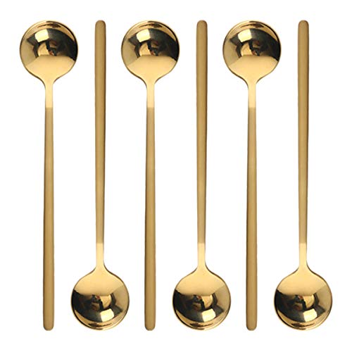 6 Pcs Coffee Spoons Tea Spoons Round Dessert Spoons Long Handle Spoons for Hot Chocolate Ice Tea Latte Dessert Espresso Golden.