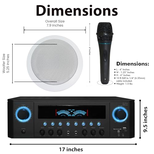 1000 Watts Home System w/USB and SD Card Inputs, (Qty 6) 6.5 Flush Mount in-Wall/in-Ceiling Stereo Speakers, Mic w/10 Ft Cable