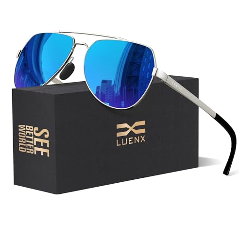 Image of LUENX Mens Womens Aviator sunglasses Polarized & with Case - UV 400 Protection Dark Blue Lens Silver Frame 60mm
