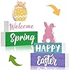 Redbaker 4 Pcs Spring Easter Wooden Block Signs 3 Layered Welcome Spring Wood Tabletop Decor Happy Easter Bunny Egg Signs Double Side Rustic Farmhouse Tiered Tray Decor for Home Table Shelf Decor