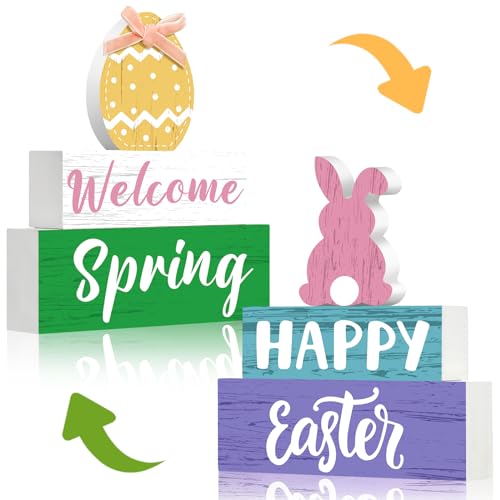 Redbaker 4 Pcs Spring Easter Wooden Block Signs 3 Layered Welcome Spring Wood Tabletop Decor Happy Easter Bunny Egg Signs Double Side Rustic Farmhouse Tiered Tray Decor for Home Table Shelf Decor