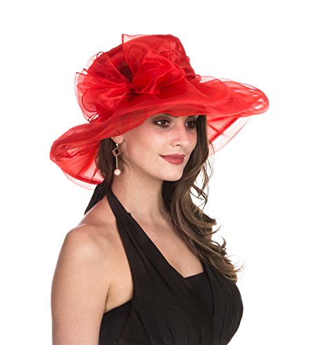 Women's Organza Church Kentucky Derby British Fascinator Bridal Tea Party Wedding Hat Summer Ruffles Cap, Hjh-red Bowknot, Medium - Thumbnail 3
