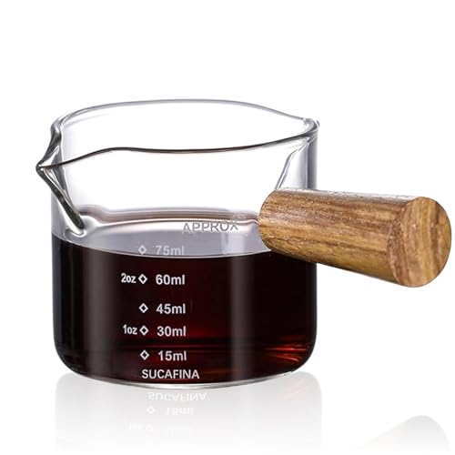 Amexo Taza de Espresso con Mango de Madera, 75 ml Vaso Medidor Espresso Taza Medidora de Vidrio de Doble Pico con Doble Graduación, Vaso de Chupito con Pico en V para Café, Leche, Jugo Líquido