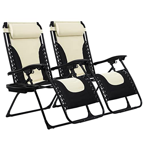 RR TLV-TMB-2 Beige 2X Tumbonas Sillas Plegables Gravedad Cero Playa Piscina Hamaca Reposabebidas, Tela, Metal, Universal
