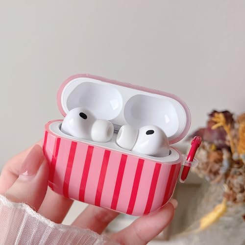 Image of MINSCOSE for AirPods Pro 3rd Generation Case (2025),Cute Striped Aesthetic Pattern Design with Girly Keychain Ring,Soft TPU Protective Shockproof Cover with Cleaner Kit for Airpods Pro 3-Dark Pink