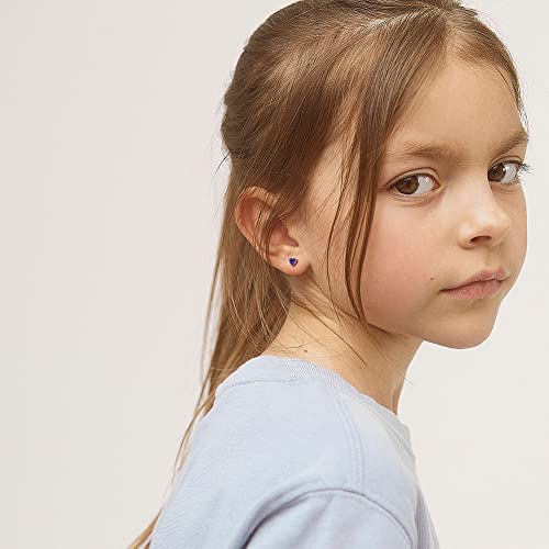 925 Sterling Silver 5Mm Toddlers Simulated Amethyst Heart Shape Cubic Zirconia Stud Earrings With Safety Screw Back Locking - Timeless And Small Heart Earrings For Girls Born In February #TOP1