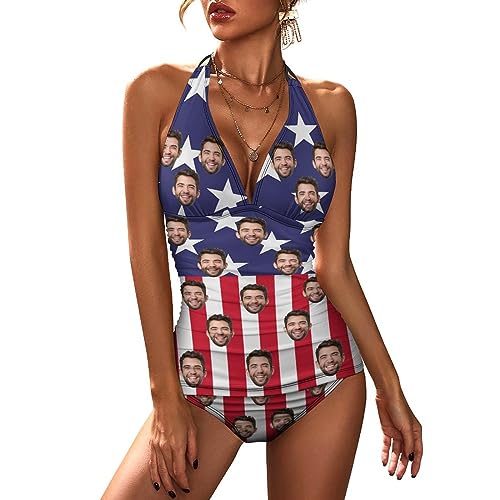 Personalized Husband Face on Women V Neck Swimsuits American Flag 2 Piece Bathing Suits Swim