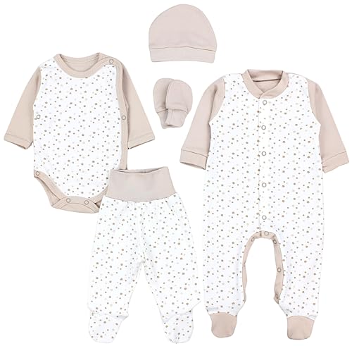 TupTam Baby Kleidung Set Jungen Langarm Bekleidung Neugeborene Füßlingen Hose Body Strampler Mütze 5 tlg, Farbe: Sterne Beige, Größe: 56