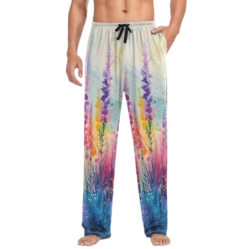 Men's Pajama Pants Colorful Flowers Painting Sleep Pajama Lounge Pant with Pockets, Elastic Waistband3
