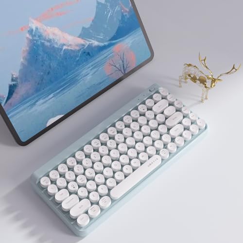 Image of UBOTIE Portable Bluetooth Colorful Computer Keyboards, Wireless Mini Compact Retro Typewriter Flexible 84Keys Design Keyboard (Blue-White)