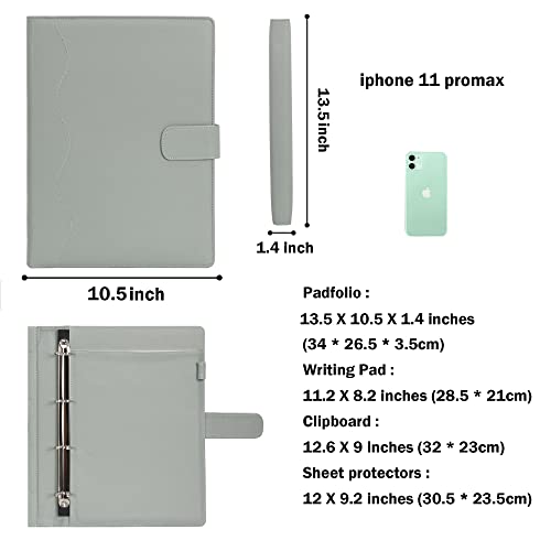 Wonderpool A4 PU Leather 4 Ring Holder Writing Portfolio Multi Document Case with Removable Binder Clipboard and Functional Pocket for Organizer Office Travel School (Green) - Image 3