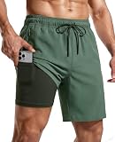 CoozySphere Mens Swim Trunks with Compression Liner Quick Dry Bathing Suit with Zipper Pockets No-Chafing 7 Inch Swim Shorts XXL Army Green
