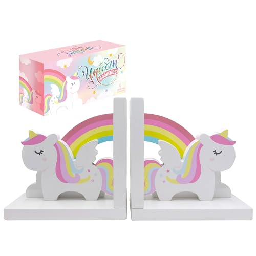 Decorably Unicorn Bookends for Girls - 1 Set Non-Skid Wooden Kids Book Ends for Shelves, Kids Bookends for Girls