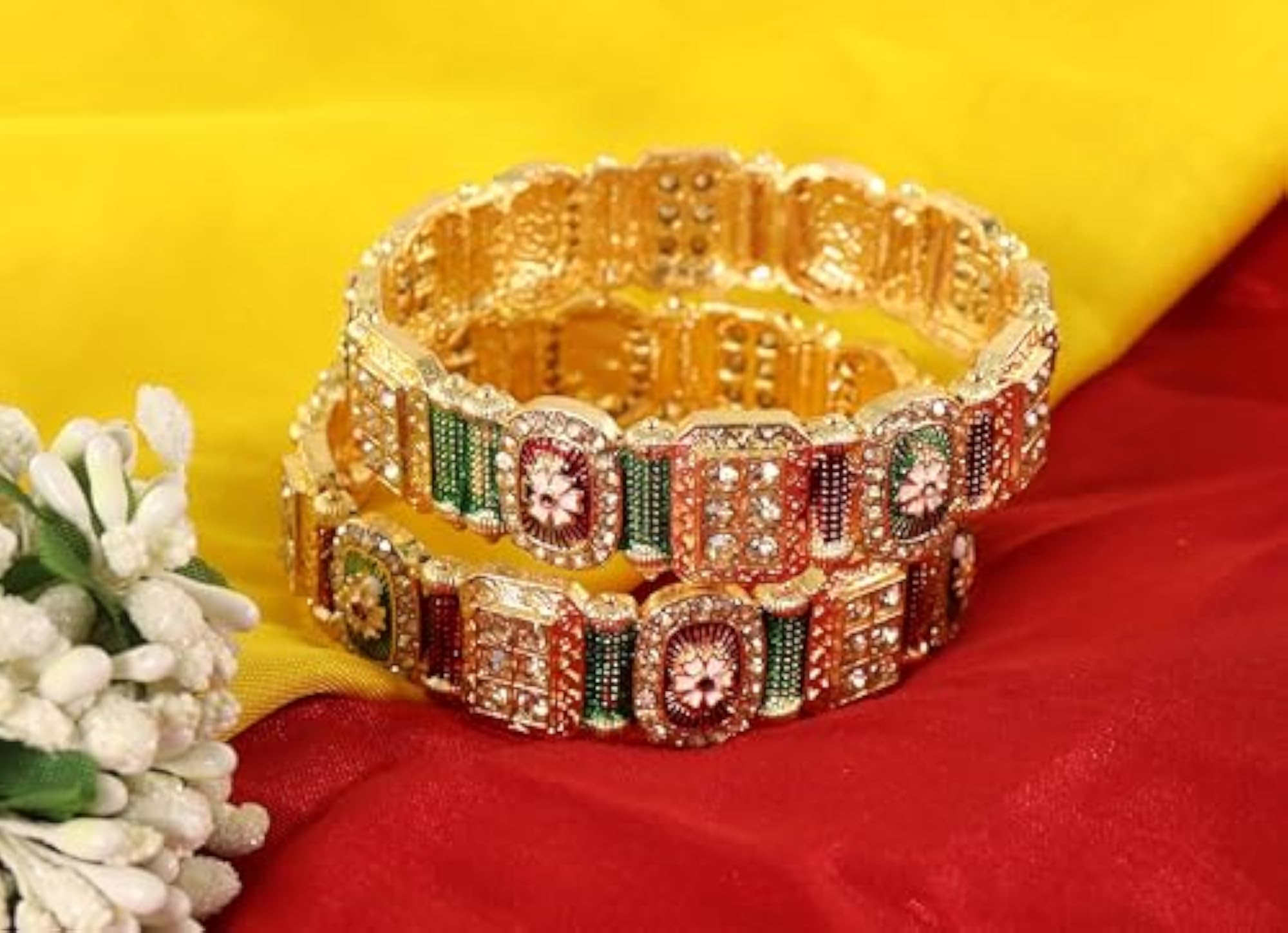 Royal Alloy Kada Set with Zircon Gemstone & Flower Meenakari Work