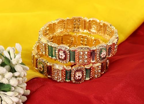 Image of NMII Royal Golden Metal Bangles Set For Women & Girls with Zircon Diamond Stone | Traditional Gold Plated Kangan Set | Fancy Women's Fashion Jewellery Bangles | Wedding, Party, Festive- Set of 2