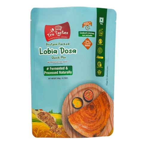 Image of Tru Tastes Lobia Dosa Quick Mix with Sambar,Chutney and Penut Chutney, Fermented and Processed Naturally, Complete Breakfast Kit, Can Make 13 Dosas
