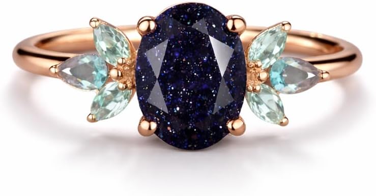 14K Rose Gold Oval Blue Sandstone Engagement Ring Floral Cluster Leaf Ring with Aquamarine Marquise Side Stones Vintage Inspired Promise Unique Alternative Bridal Jewelry Gift for Her