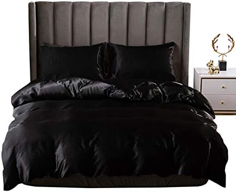 Black Silk Comforter Cover Set Queen Size Silk Like Satin Duvet Cover Set Solid Color Decor Soft Microfiber Women Bedding Sets with Zipper Ties Soft Luxury Duvet Cover Set for Adult Women Men Girls