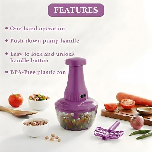 Image of Chopper for Kitchen Use | 650 ml Round Push Chopper with 3 Blades and Whisker | Chopping Vegetables & Fruits, Onion, Ginger, Garlic, Salad, Tomato, Potato (Purple)