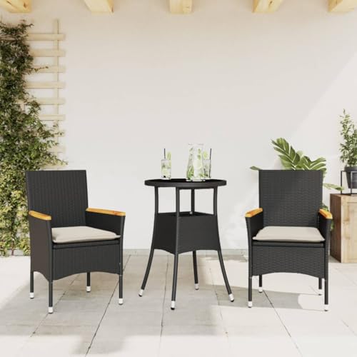 Kaloriko Ensemble de mobilier de Jardin 3 pièces en résine tressée Noire avec Coussins crème et Table en Verre trempé, chaises Confortables pour terrasse...