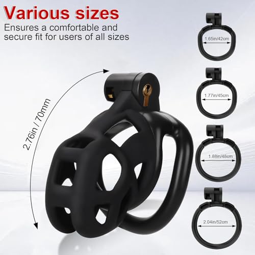 Image of Male Chastity Cage with Elastic Belt & Invisible Lock - 4 Ball Ring Sizes, Ultralight Large Penis Cage for Comfort Fit Long Term Wear(S-70mm) [Black] - BDSM Gear, Bondage Sex Toys Accessories for Men