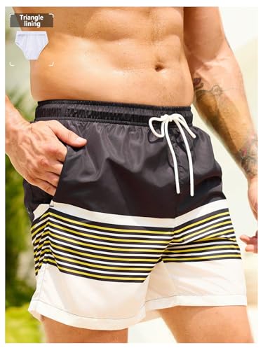 OYOANGLE Men's Swim Trunks Color Block Striped Drawstring Beach Board Shorts with Pocket4