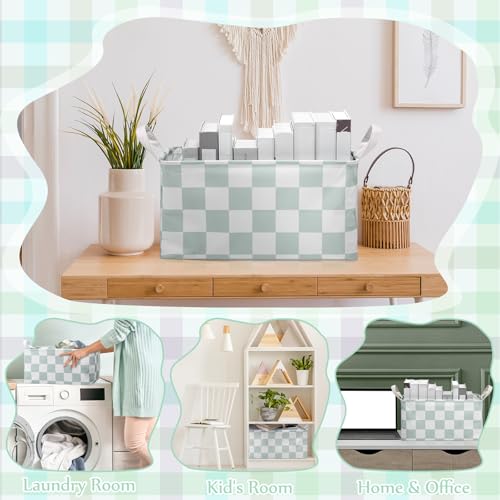Image of Boao 3 Pcs Sage Green Checkered Storage Basket with Handle Cute Car Baskets Gingham Classroom Laundry Toy Storage Bin Organizer Canvas Plaid Hamper for Dormitory Home Nursery Bathroom Bedroom