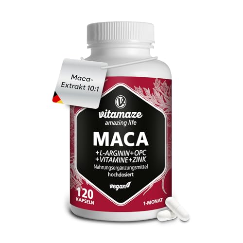 Maca Kapseln hochdosiert + L-Arginin + VITAL Formel B6, B12, OPC, Zink, 120 vegane Kapseln für je 1 Monat, deutsche Premium-Qualität