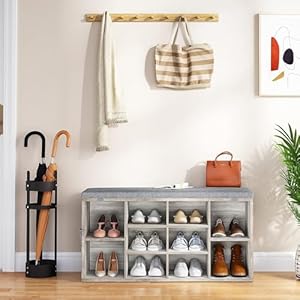   IDEALHOUSE-Shoe-Storage-Bench-with-Cushion-10-Cubbies-Storage-Rack-Bench-with-Padded-Seat-41-Cubby-Seat-Shoe-Cabinet-with-Adjustable-Shelf-for-Entryway-Hallway-Living-Room-Grey