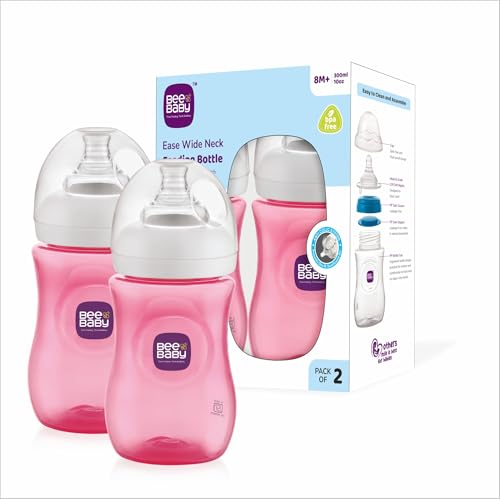 Image of BeeBaby Ease Wide Neck Colour Feeding Bottle 300 ml | BPA Free Easy Latching Baby Milk Bottle for Newborns & Infants | Soft Silicone Anti-Colic Nipple Fast Flow (8 Months +) |Pink, Pack of 2