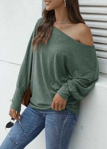 Image of Aifer Women's Off The Shoulder Tops Sexy Long Sleeve Shirts Oversized Fashion Casual Batwing Sweaters Pullover Tunic Tops