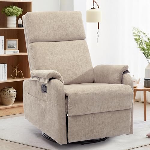 Image of Korser Recliner Chair, Swivel Rocking Recliner Chair for Adults, Glider Rocking Chair, Small Nursery Chair Recliner for Living Room, Reclining Chair with Modern-Designed Armrests, Chenille, Khaki