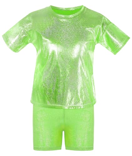 SEAUR Kids Girls Metallic Shirt with Shiny Shorts Hip Hop Tops Sequin T Shirts Modern Jazz Dance Party Costume 2 Pieces Green 12-13Y