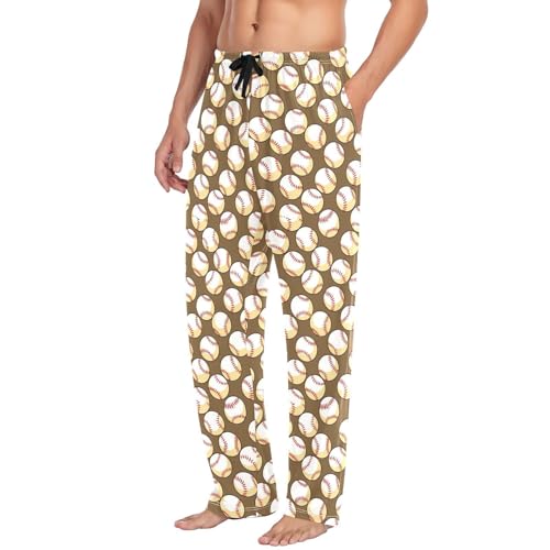 Men's Baseball Pattern Pajama Pants with Pockets - Straight Fit Cotton Sleep Bottoms for Lounge & Nightwear#9734