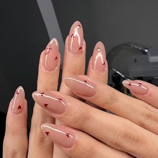 24 Stück Mittelgroße Süße Glänzende Herzförmige Mandel-Press-on-Nägel,Künstliche Acryl-Press-ons zum Aufkleben für Damen Nagelzubehör