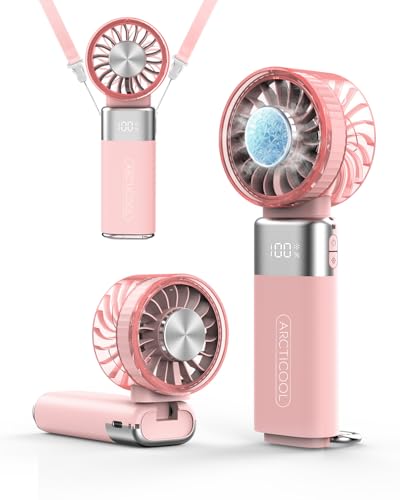 Image of ARCTlCOOL Portable Mini Fan with Ice Touch Tech, 7500 RPM Handheld Fan with Buckle, 4000mAh Battery, 100 Speeds Foldable Fan with Smart Digital Display for Makeup, Travel & Outdoor (Light Pink)
