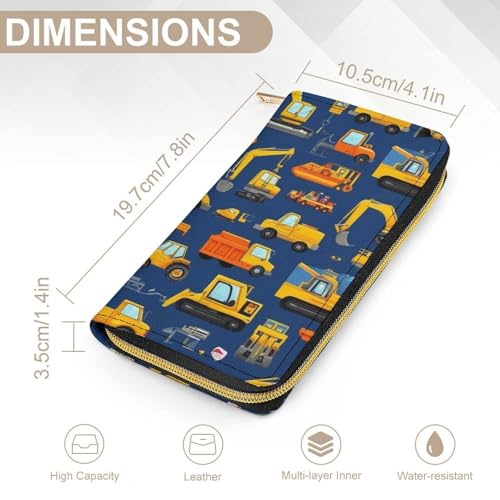 Girl's Long PU Wallet, Travel Purse Fashion Design, Huge Storage Capacity Purse, Cute Decor Zipper Wallet Construction Bulldozer Excavator Navy Blue2