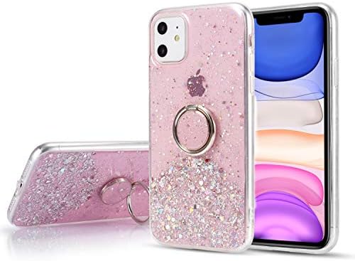 DEFBSC for 6.1 inch iPhone 11 Case with Ring, Glitter Sequin Clear Back Cover with 360° Rotation Ring Holder Kickstand,Soft TPU Bumper Phone Case Slim Transparent Sequin Back Case - Pink