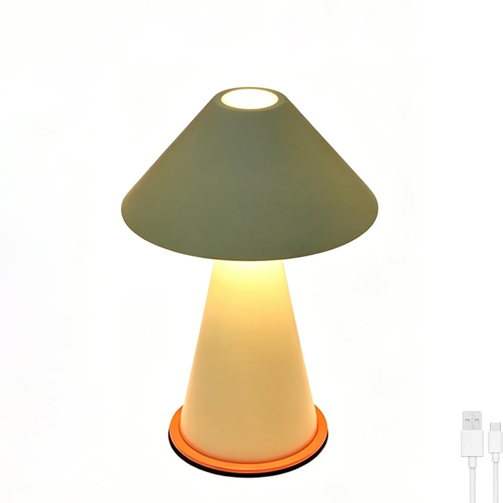 LOGT Orange LED Table Lamp, Mushroom-Shaped, Cordless, Touch Controlled, Dimmable, Battery-Operated, Rechargeable via USB, Mushroom Lamp, Rechargeable Battery, Portable, 3 Colour Temperatures,Beige