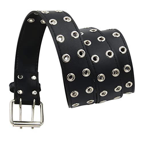 1Pc Punk Style Double Row Waist Belt Durable Artificial Fashion Belt for Men All Matching Design Choice Black