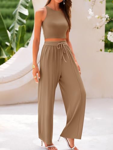 REORIA Women Cotton Crew Neck Tracksuit Sleeveless Slim Crop Tops and Wide Leg Pants Soft Lounge Wear Set Two Piece Outfit Co Ord Sets Brown S - Image 3