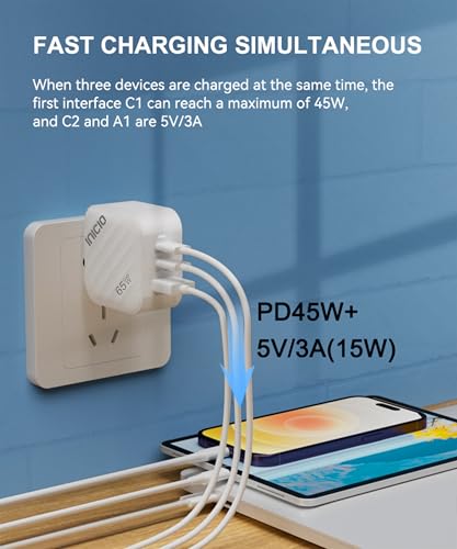 Image of INICIO 65W USB C Triple Port GaN Charger, 2 Type C + USB A PD Fast Charging for MacBook iPad Pro Air iPhone 17 16 15 14 Pro Max Galaxy S25 S24 S23 Ultra Z Fold 7 6 Pixel 10 9 8 Android iOS Devices