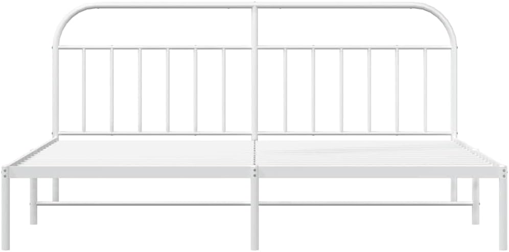 White Powder-Coated Steel Bed Frame with Headboard 76 x 80 in Platform Foundation for Bedroom, Durable Sturdy Nonslip Industrial Minimalist Furniture with Storage