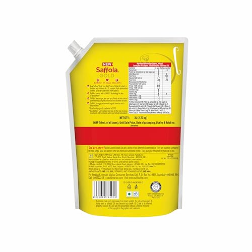 Image of Saffola Gold Refined Cooking oil | Power of 3 - Balance of Good Fats, Triple Anti-Oxidant System & Fortified with Vitamins | Multi-Source Edible Rice Bran & Corn Oil | 3 Litre Standee pouch