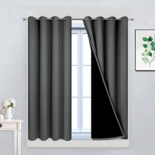 Image of Yakamok Dark Grey 100% Blackout Curtains 45 Inches Long 52 inch Wide 2 Panels | Blackout Curtain Panels for Bedroom, 2 Thick Layers Grommet Top Thermal Insulated Drapes with Black Liner for Living Room